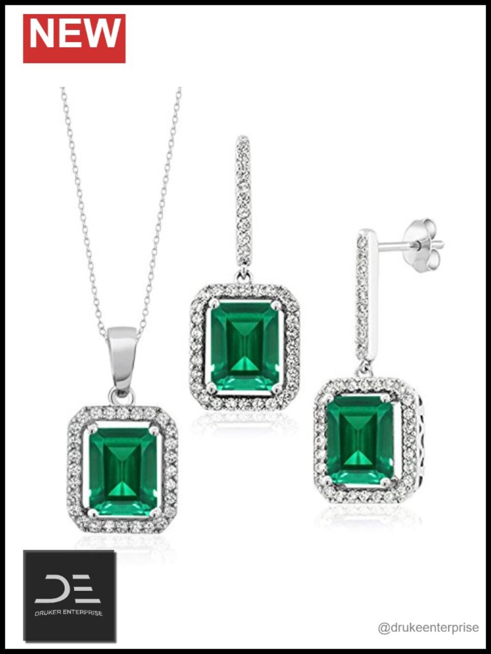925 Sterling Silver Emerald Cut Pendant Necklace & Earrings Set With 18 Inch